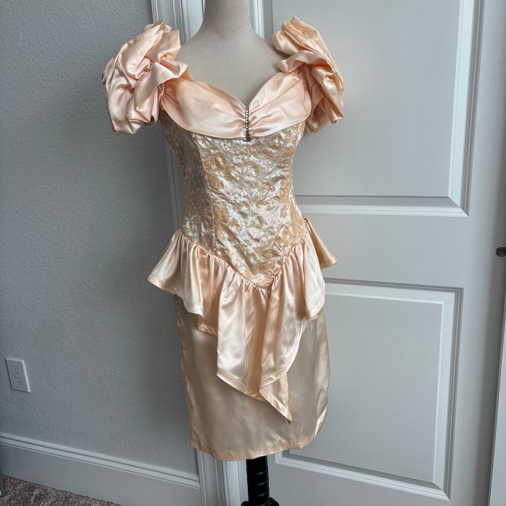 Vtg 90s Zum Zum Prom Dress 11/12 Peach Pink Sequin Peplum Puff Sleeve ILGWU USA - Picture 2 of 16